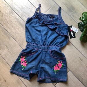Limited too floral embroidered ruffle neckline chambray romper. Girls Size S